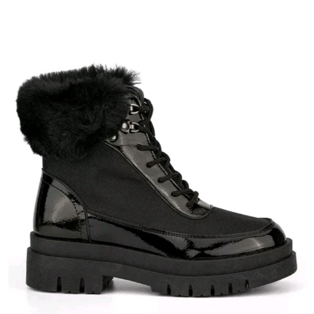 Olivia Miller Amanda Faux Fur Trim Patent Chunky Lug Sole Ankle Boots, 7.5